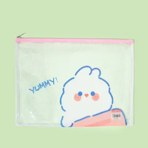 Transparent PVC mesh document bag with cute rabbit print and pink zipper, detail view.