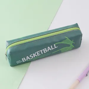 Green PU leather pencil case, simple rectangular storage bag for student stationery and pens.