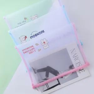 A4 mesh transparent zipper document bag with cute cartoon bears and colorful border lines.