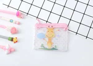 Cute transparent PVC mesh storage pouch with adorable giraffe design, pink zipper and compact size.