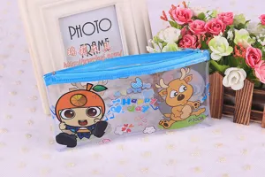 Transparent PVC pencil pouch with cute cartoon prints and blue zipper for students.
