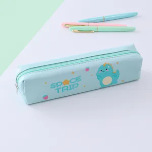 Cute light blue PU leather pencil case for kids with cute dinosaur print and zipper design.