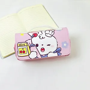 Cute cartoon rabbit pencil case detail, pink large capacity stationery bag with handle.