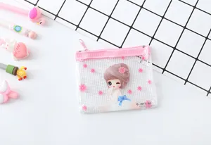 Transparent mesh pencil pouch featuring cute cartoon girl design, pink zipper storage bag.