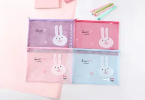 A4 PVC clear mesh document bag with cute rabbit design, large storage organizer for students.