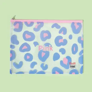 PVC mesh document bag with blue pink leopard print zipper storage pouch for school office stationery