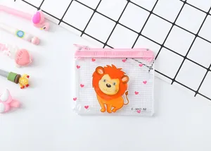 Close-up of transparent PVC mesh pencil pouch with cute lion print and pink zipper.