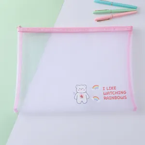 Cute cartoon bear mesh file bag detail, pink zipper and transparent view for stationery storage.