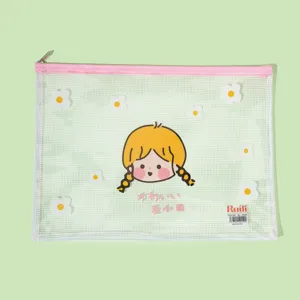 Transparent PVC mesh file bag detail view showing cute cartoon girl and pink zipper.