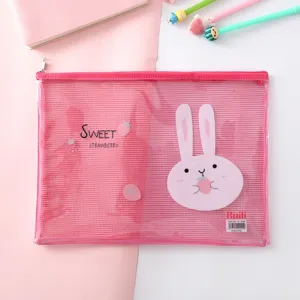 Transparent A4 mesh file bag with cute strawberry and rabbit cartoon design for students.