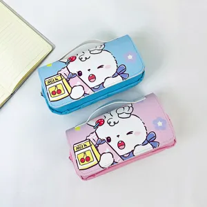 Cute cartoon rabbit pencil case with handle, large capacity stationery bag for kids girls.