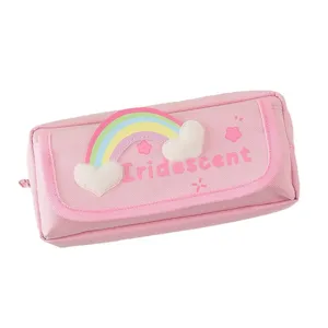 Cute pink oxford cloth pencil case with rainbow cloud patch and large capacity storage.