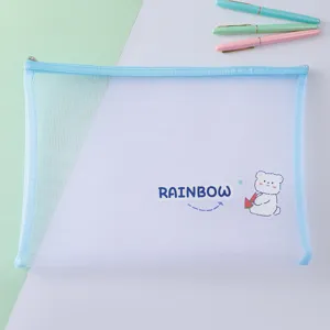 Transparent mesh A4 file bag cute cartoon bear stationery storage bag office supply organizer.