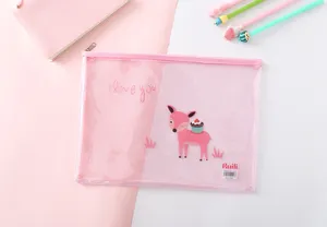 Busta portadocumenti trasparente A4 in PVC rosa con cerniera per archiviazione e ufficio.