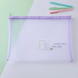 A4 mesh document bag featuring cute cartoon bear design and purple zip for stationery storage.