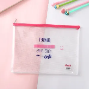 Clear PVC mesh file bag with pink zipper, cute student stationery organizer document pouch.