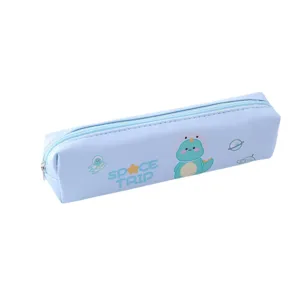 Light blue PU leather pencil case for kids with cute dinosaur print and zipper closure.