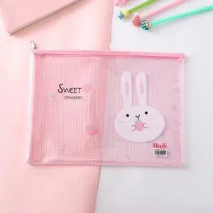 Pink A4 mesh document bag with cute cartoon rabbit and strawberry design, large PVC folder.