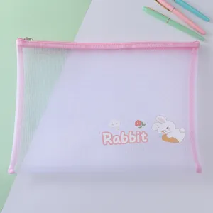 Detail view of the cute rabbit transparent mesh file bag with pink zipper for stationery.
