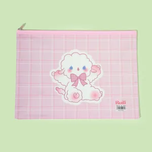 Pink grid PVC file bag detail showing cute cartoon lamb illustration and smooth zipper closure