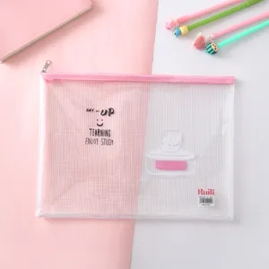 A4 transparent mesh zipper document bag, cute student stationery storage pouch, pink PVC.