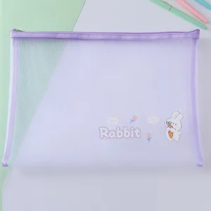 Detail view of transparent mesh document bag with cute rabbit print and smooth zipper closure.