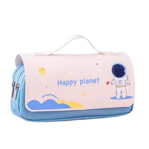 Cute cartoon space theme double layer pencil case with handle, large capacity for kids.