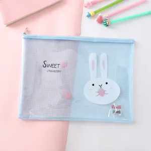 Cute A4 transparent mesh file bag with sweet strawberry and cartoon rabbit design for storage.