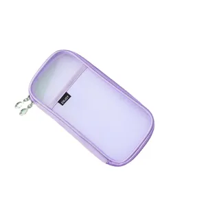 Korean style simple purple nylon mesh zipper pencil case for students and office use.