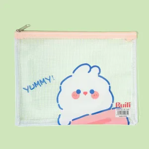 Cute cartoon PVC mesh document bag, A4 size stationery zipper pouch for students school.