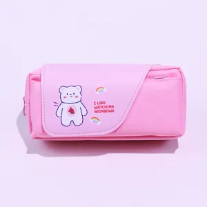 Large Capacity Double Layer Canvas Pencil Case Cute Cartoon Bear Stationery Box Student Pen Pouch Multilayer