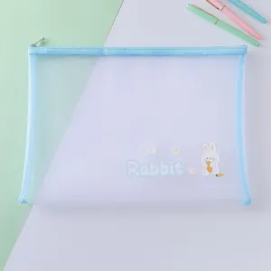 A4 mesh zipper file bag with cute rabbit print and transparent grid design for stationery storage.