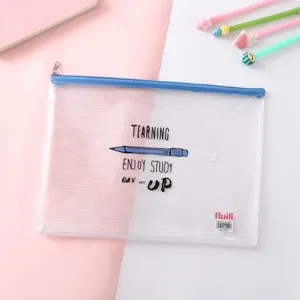 Transparent PVC mesh A4 zipper file bag with cute pencil pattern, large capacity.
