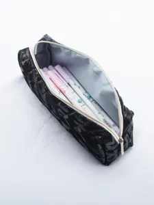 Large black quilted pencil case, stylish minimalist stationery pouch for students storage.