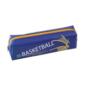 Blue PU leather pencil case with zipper, large capacity, basketball themed design for students.
