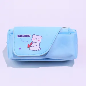 Large capacity double layer flap pencil case cute little bear stationery box light blue view