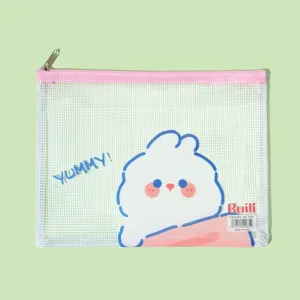 Cute cartoon mesh document bag, PVC zipper storage pouch for school stationery and files.