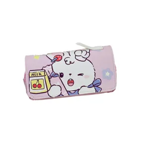 Cute pink pencil case with cartoon rabbit print, double zipper design for large storage.