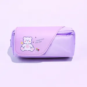 Purple canvas pencil case with cute bear cartoon design, double layer large capacity for kids.