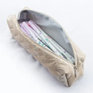 Large capacity beige quilted pencil case, stylish stationery storage pouch with smooth zipper.