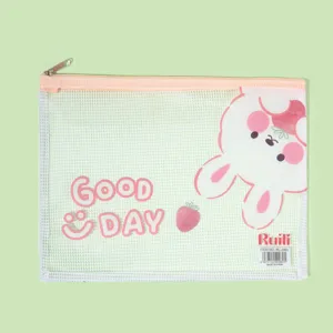 Cute cartoon PVC mesh document bag, clear A4 A5 stationery storage pouch with secure zipper.