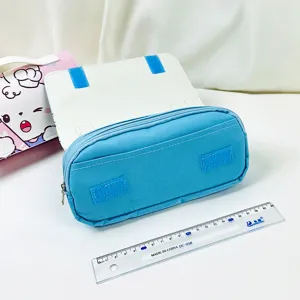 Cute blue canvas pencil case for kids, large capacity school stationery pouch with flap and ruler.