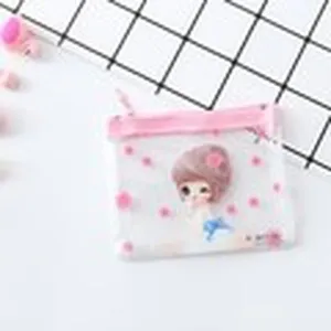 Transparent PVC mesh pencil pouch with cute cartoon girl print and pink zipper, main view.