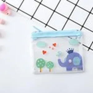 Transparent PVC pencil pouch with cute cartoon elephant mesh design for stationery storage.