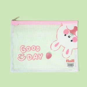 Cute PVC mesh document bag with cartoon rabbit design, ideal for school stationery.