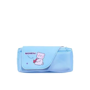 Cute cartoon double layer canvas pencil case with bear print, large capacity stationery box.