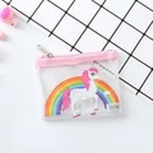 Transparent PVC unicorn pencil case cute cartoon grid zipper stationery storage bag