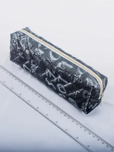 Black quilted pencil case with large capacity, soft puffer stationery storage pouch.