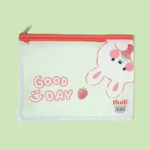 Detail view of the clear PVC mesh file bag featuring cute bunny graphic and smooth red zipper.