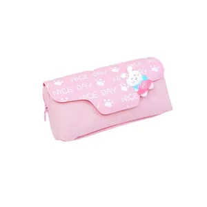 Astuccio in tela rosa con grazioso badge con coniglietto, grande capacità per studenti.
